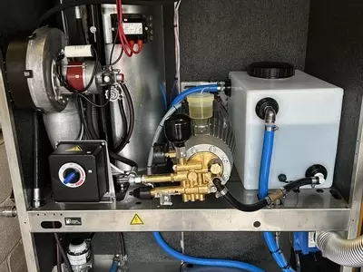 Internal view of the modified Nilfisk SH Truck static installation supplied for a fleet cleaning company in Tamworth. The machine was customised with multiple upgrades including low-level protection systems, modified water tank and float valve setup, wate